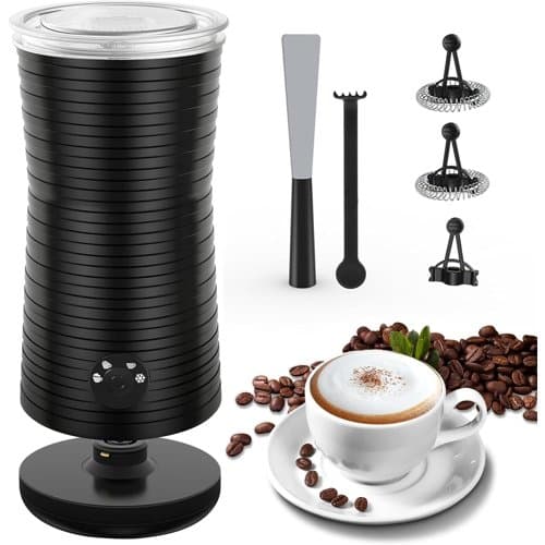 Black Morpilot electric milk frother with whisks and a cappuccino