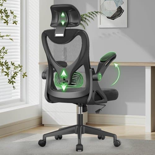 Black YONISEE mesh office chair with headrest and flip-up arms