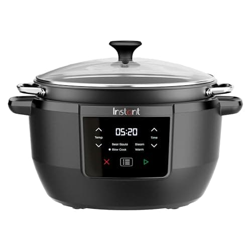 Instant Superior 7.1L black slow cooker with removable non-stick pot on a kitchen worktop