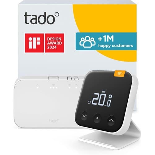 tado Smart Thermostat X wireless unit on a stand with Bridge X